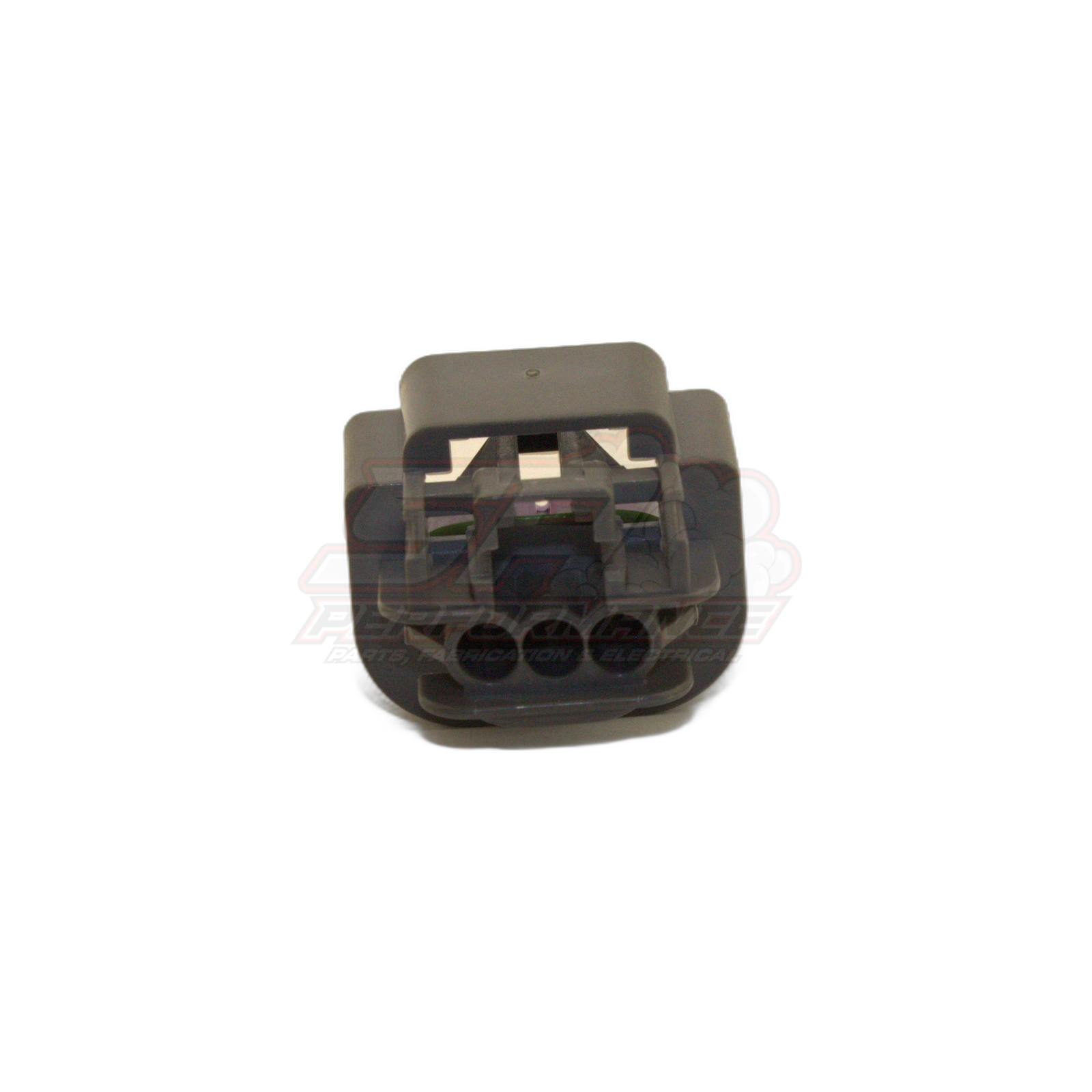 Grey GM 3-pin flex sensor connector housing angled view showing open terminal cavities and wire entry slots