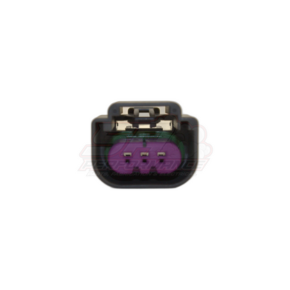 Front view of GM 3 pin flex fuel sensor connector showing black housing with purple seal and three metal terminals