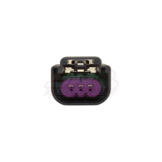 Front view of GM 3 pin flex fuel sensor connector showing black housing with purple seal and three metal terminals