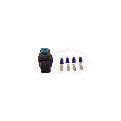 4 pin GM Holden fuel pump connector kit with blue and teal housing, purple wire seals and four metal terminals displayed separately