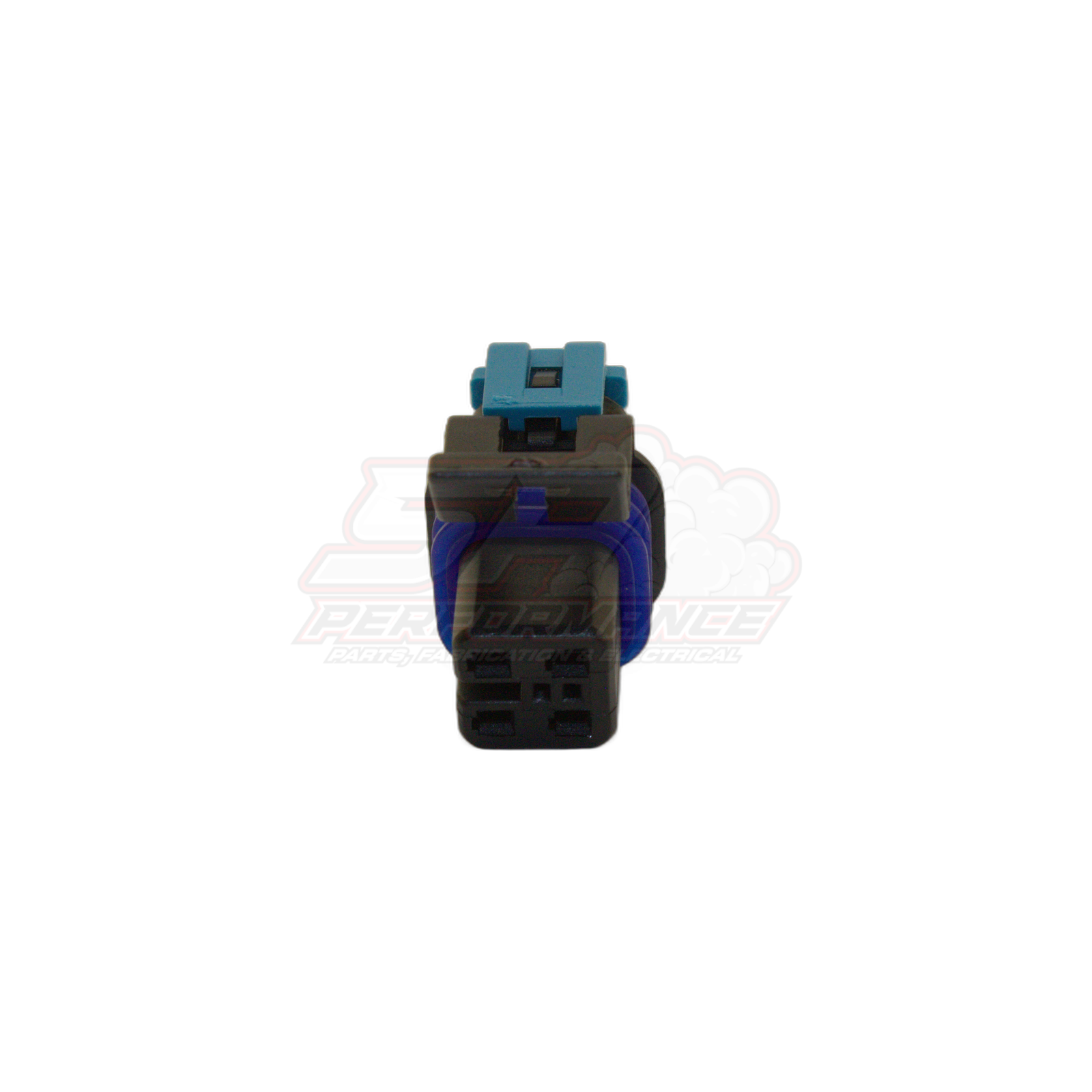 Rear view of 4-pin GM Holden Commodore fuel pump connector showing light blue locking tab, grey housing, blue seal and black terminal pins
