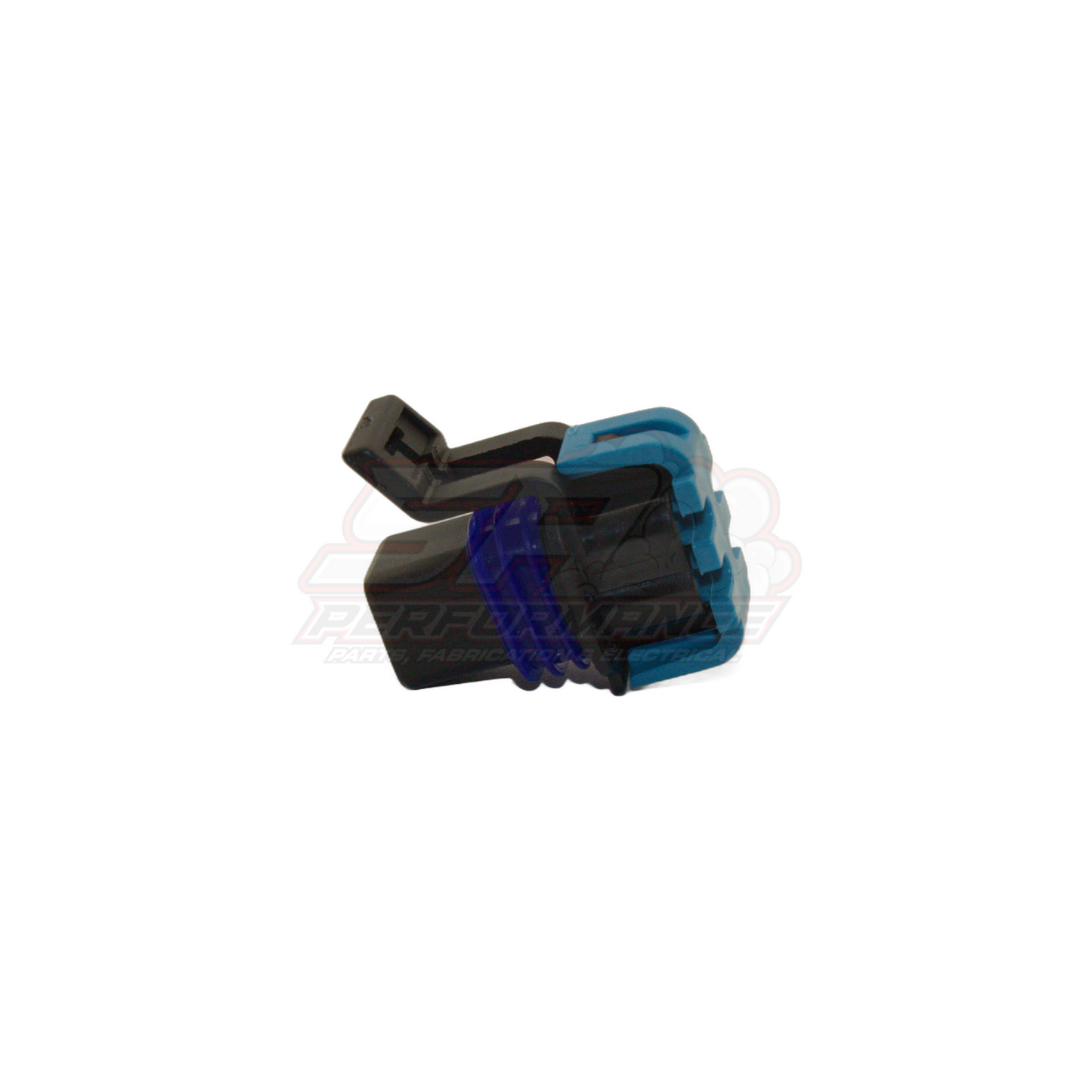 4 pin GM Holden Commodore fuel pump connector angled view showing black housing with blue seal and terminals