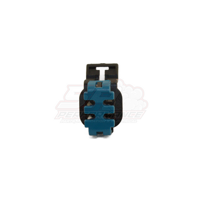 Front view of GM Holden 4-pin fuel pump connector showing black housing with blue terminal retainer and four pin slots for Commodore applications