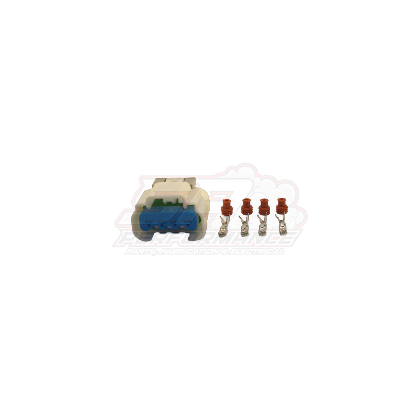 GM 4 pin fuel pump connector kit with beige housing, blue locking tab, four silver terminals and red seals for late model Holden