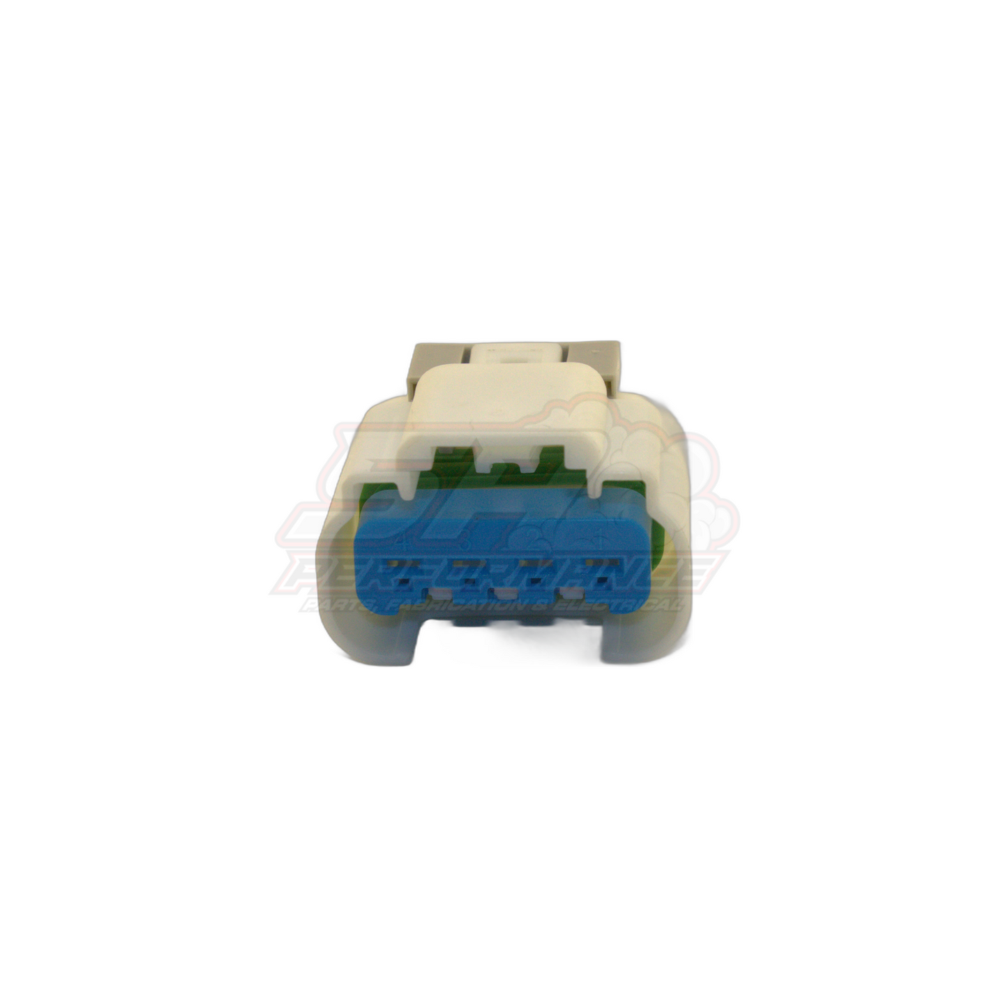 Front view of GM 4-pin fuel pump connector showing beige housing with blue terminal insert and green secondary lock for late model Holden applications