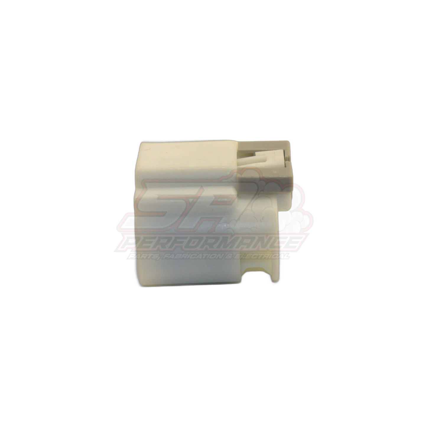 Grey plastic GM 4-pin fuel pump connector housing, angled front view showing rectangular socket opening and locking tab