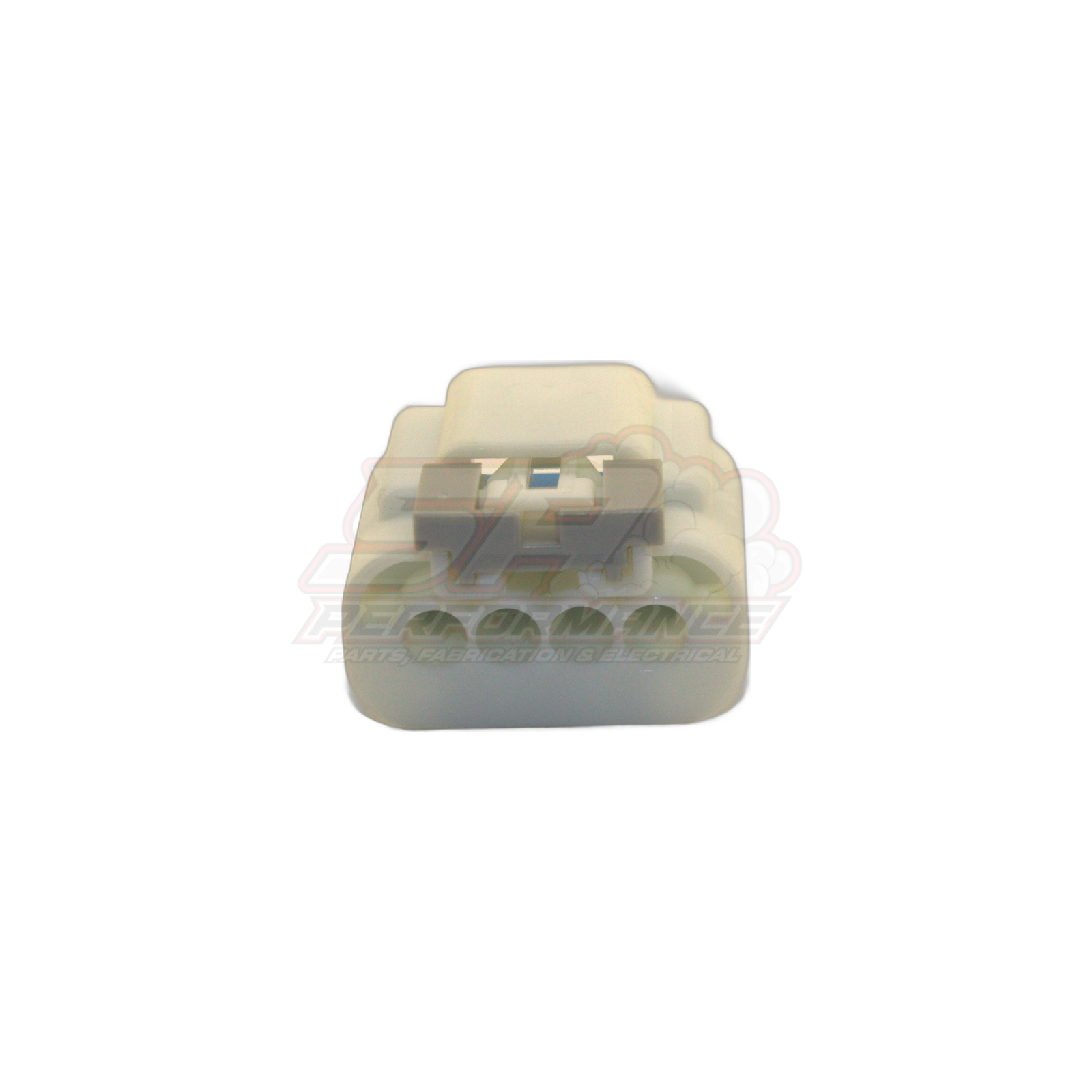 Side view of GM 4-pin fuel pump connector housing in translucent white with visible terminal slots and locking tab for late model Holden modules