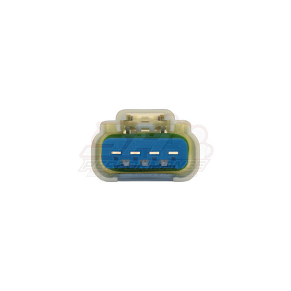 Front view of GM 4-pin connector housing showing blue interior with four terminal slots and translucent beige outer body for late model Holden fuel pump modules