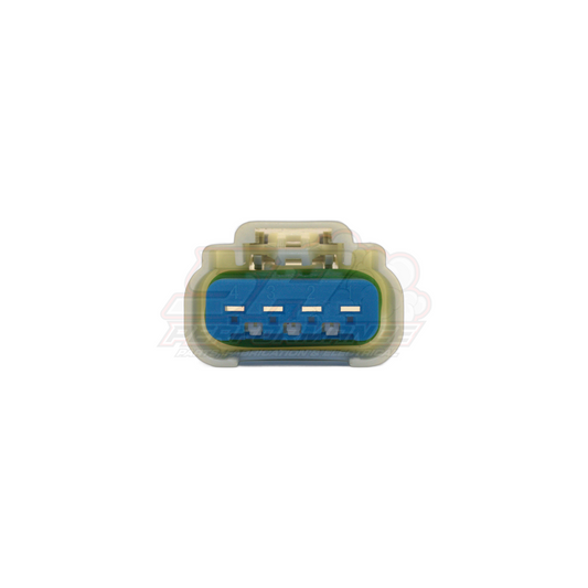 Front view of GM 4-pin connector housing showing blue interior with four terminal slots and translucent beige outer body for late model Holden fuel pump modules
