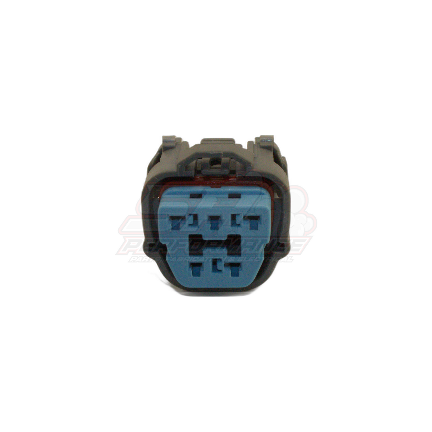 Front view of GM 5-pin connector showing grey housing with locking tabs and blue insert with five terminal cavities and red seal