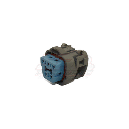 Angled view of GM 5 pin fuel pump connector showing blue housing with terminal cavities and grey locking tabs for Holden Mitsubishi Honda applications