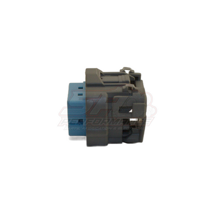 GM 5-pin fuel pump connector side view showing grey housing with blue locking tab and visible terminal chambers for Holden Mitsubishi Honda