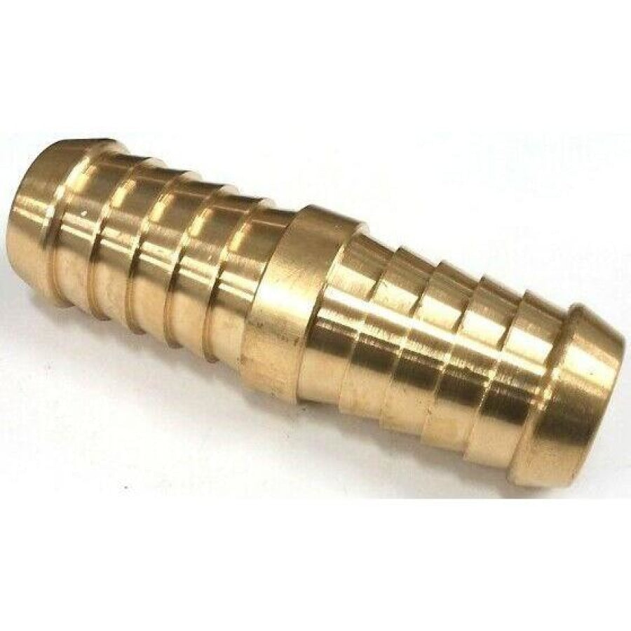 Brass barbed hose joiner 19mm 3/4 inch side view showing dual barbed ends and solid brass construction