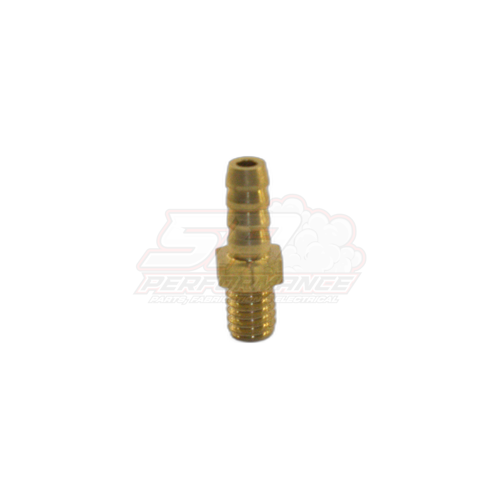 M4 x 0.7 male metric to 3mm barb brass fitting shown at angle with threaded end and triple-ridged barb visible