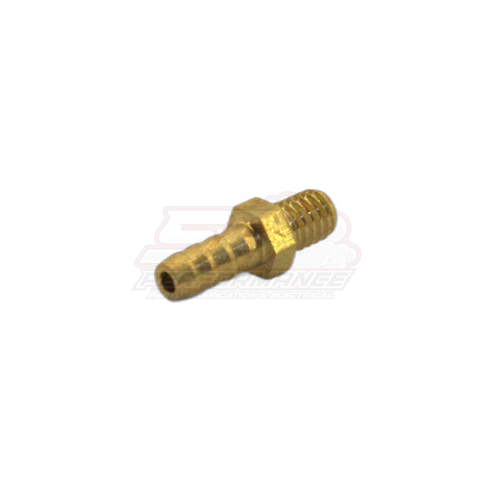 Angled side view of M4 x 0.7 male metric to 3mm barb brass fitting showing threaded end and ribbed barb section