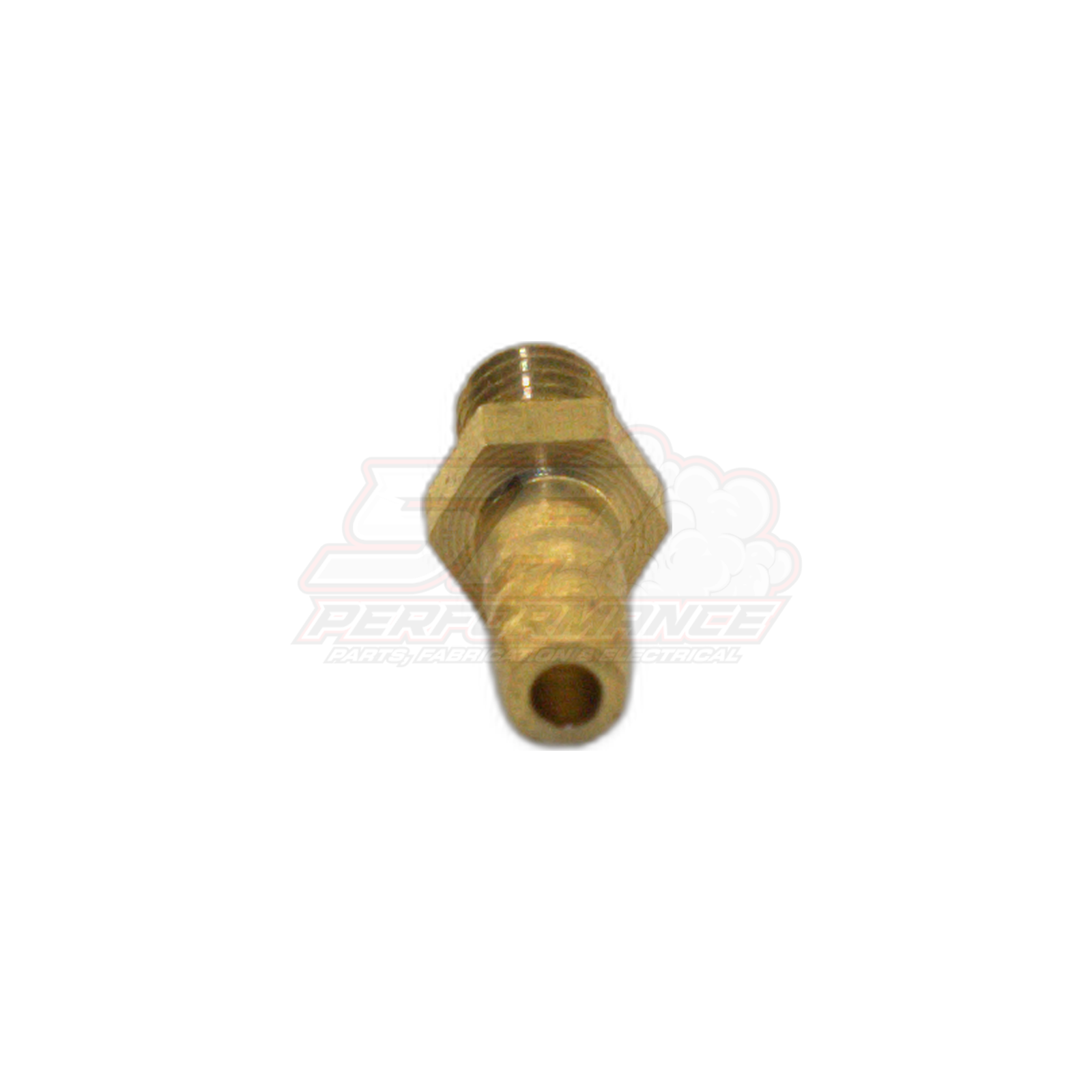 M4 x 0.7 male metric thread to 3mm barb brass fitting angled view showing hex body and barbed tail