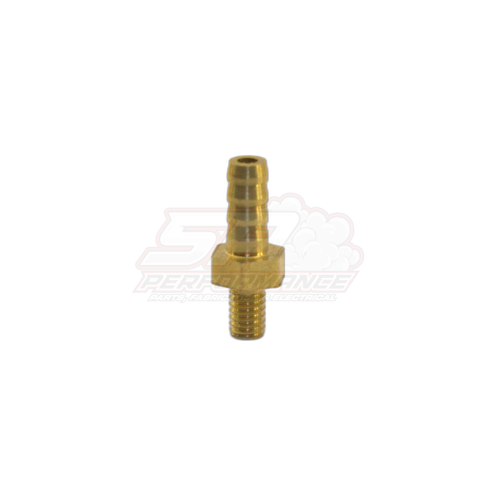 Side view of brass M4 x 0.7 male metric to 4mm barb adapter fitting showing threaded end and stepped barb hose connection