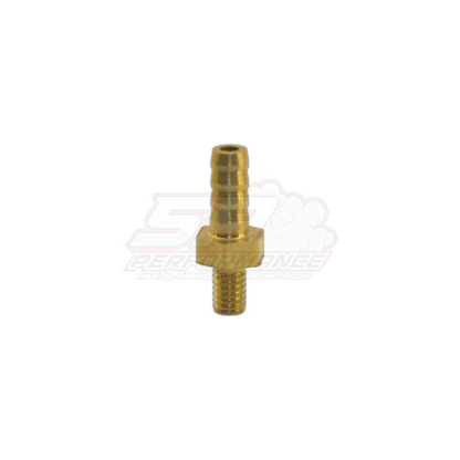 Side view of brass M4 x 0.7 male metric to 4mm barb adapter fitting showing threaded end and stepped barb hose connection