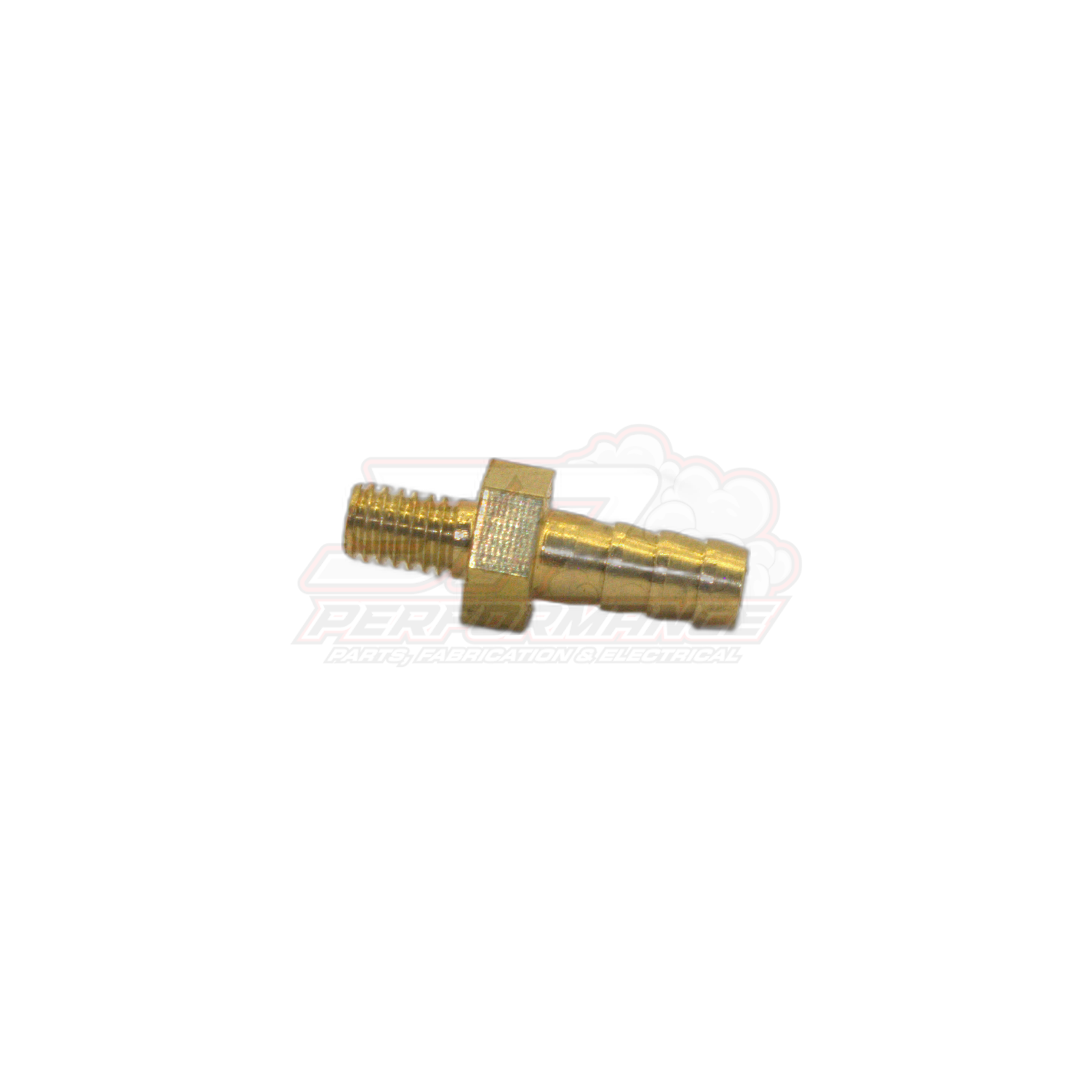 Brass M4 x 0.7 male metric to 4mm barb fitting side view showing hex body and ribbed hose barb