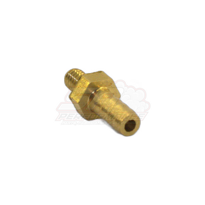 Angled view of M4 x 0.7 male metric to 4mm barb brass fitting showing threaded end and barbed hose connector