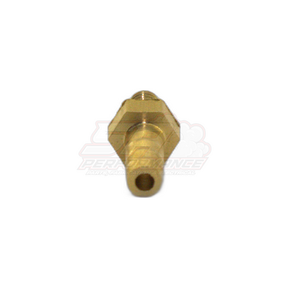 M4 x 0.7 male metric to 4mm barb brass fitting angled view showing hex flats, stepped barb and threaded male end