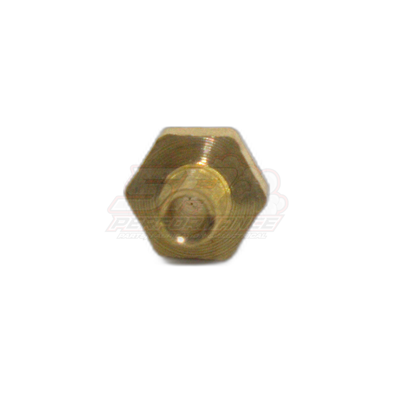 Top view of M4 x 0.7 male metric to 4mm barb brass fitting showing hexagonal body and threaded centre bore