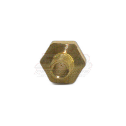 Top view of M4 x 0.7 male metric to 4mm barb brass fitting showing hexagonal body and threaded centre bore