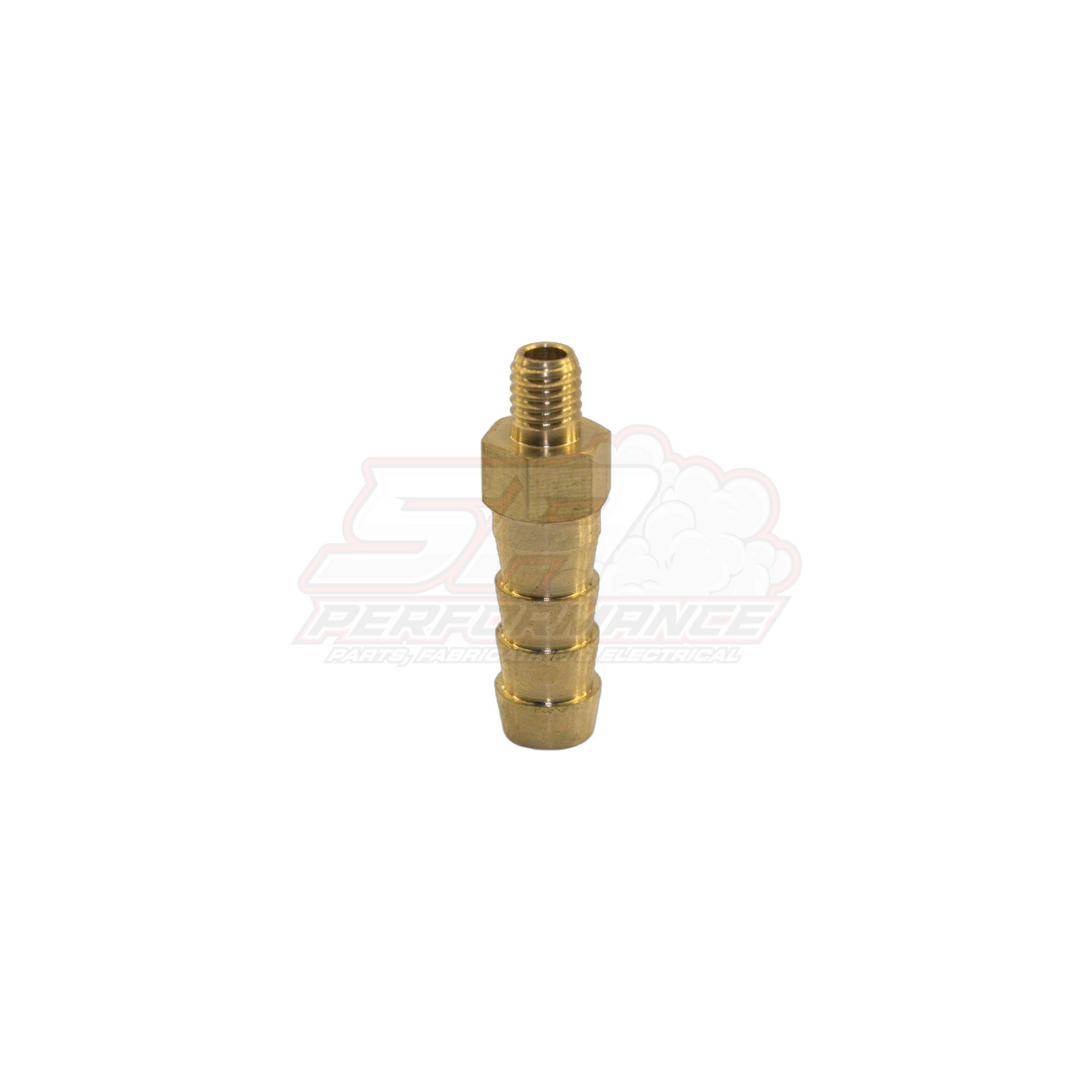 M5x0.8 male metric thread brass barb fitting showing 6mm 1/4 inch stepped barb end and threaded port in angled view