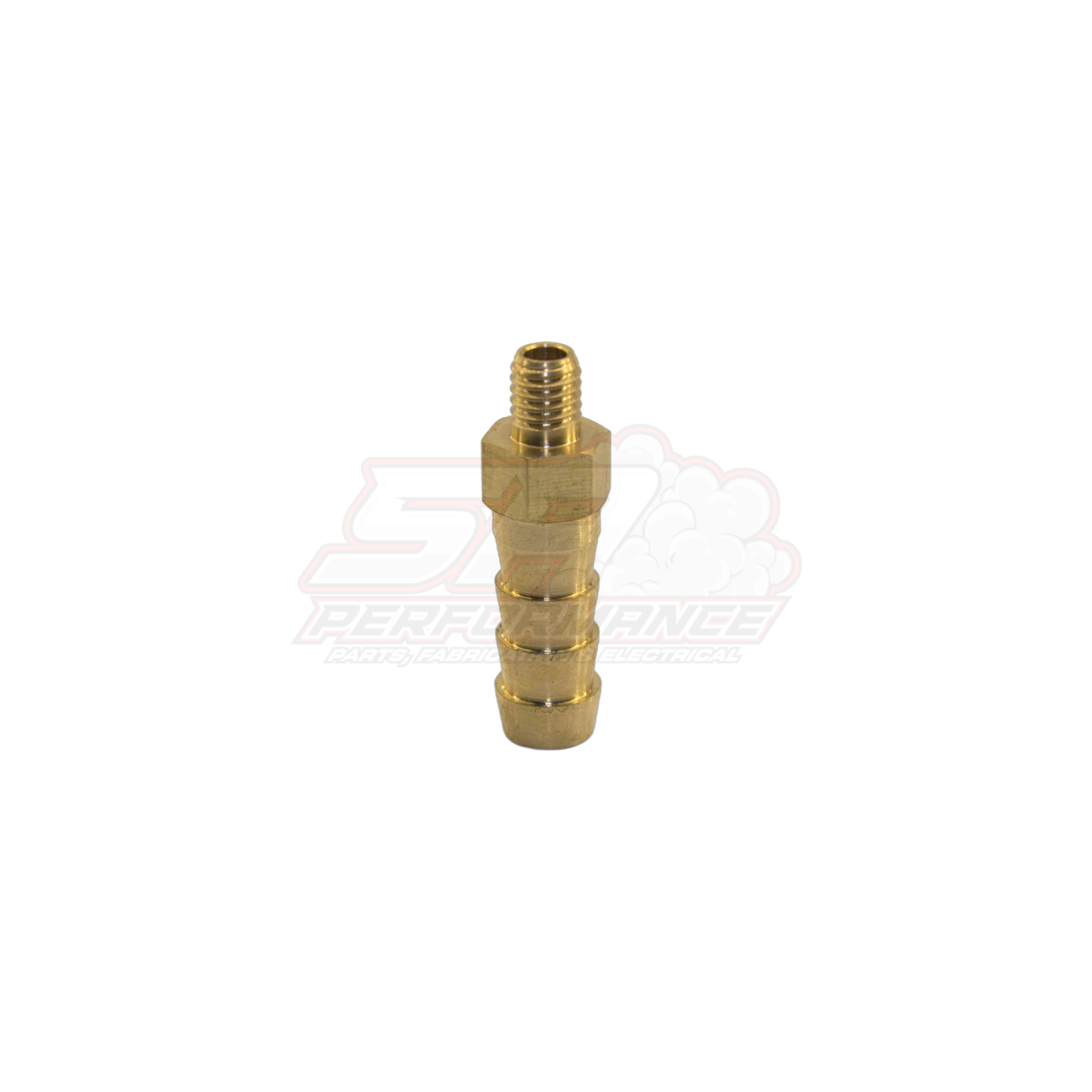 M5x0.8 male metric thread brass barb fitting showing 6mm 1/4 inch stepped barb end and threaded port in angled view