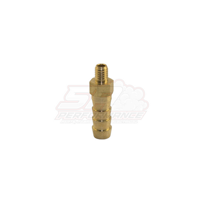 M5x0.8 male metric thread brass barb fitting showing 6mm 1/4 inch stepped barb end and threaded port in angled view