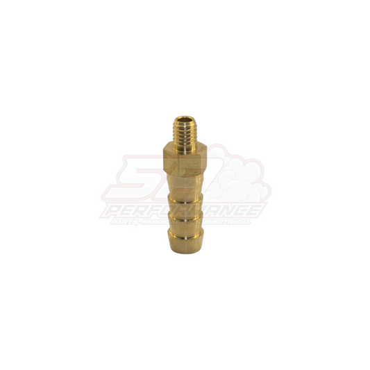 M5x0.8 male metric thread brass barb fitting showing 6mm 1/4 inch stepped barb end and threaded port in angled view