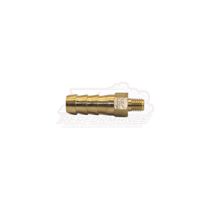 Brass M5x0.8 male metric to 6mm barb fitting side view showing stepped barb end and threaded male connector