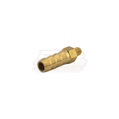 Brass M5x0.8 male metric to 6mm barb fitting angled view showing threaded end and barbed hose connection