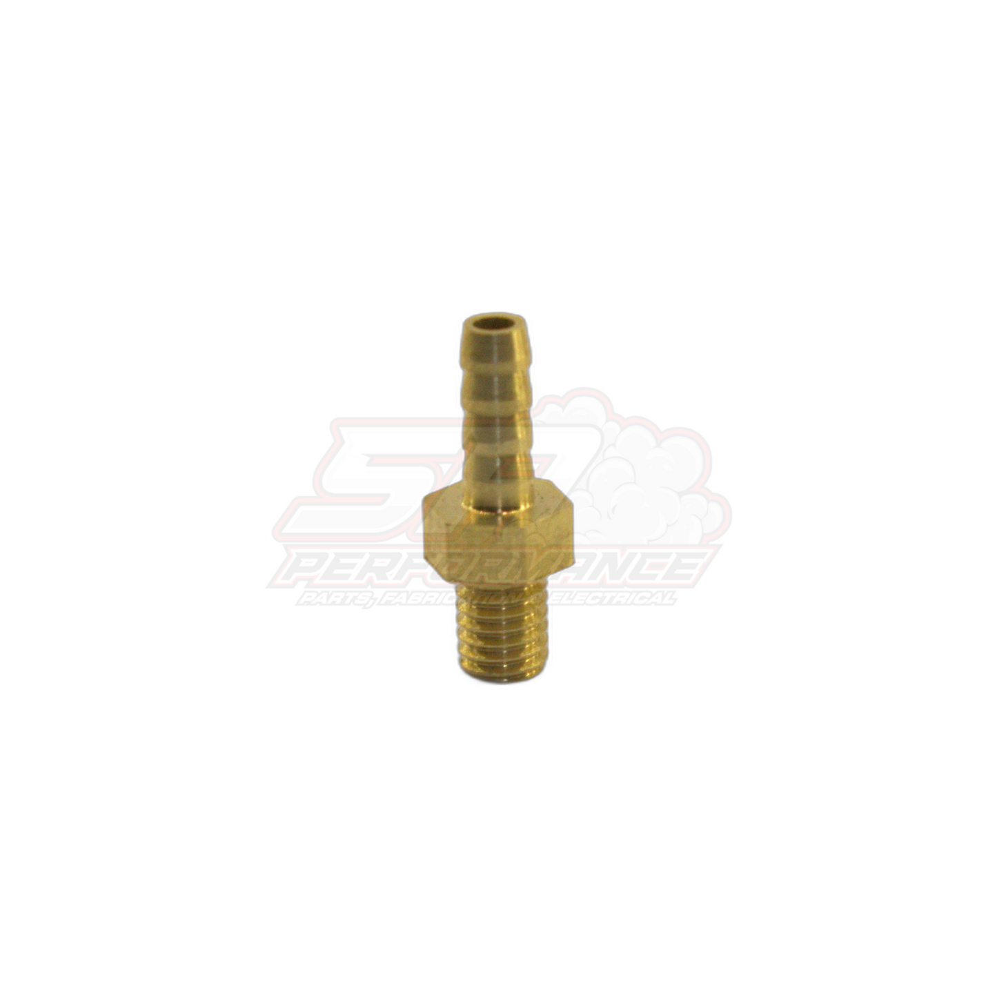 Brass M5 x 0.8 male metric to 3mm barb fitting angled view showing threaded end and triple-ridged barb