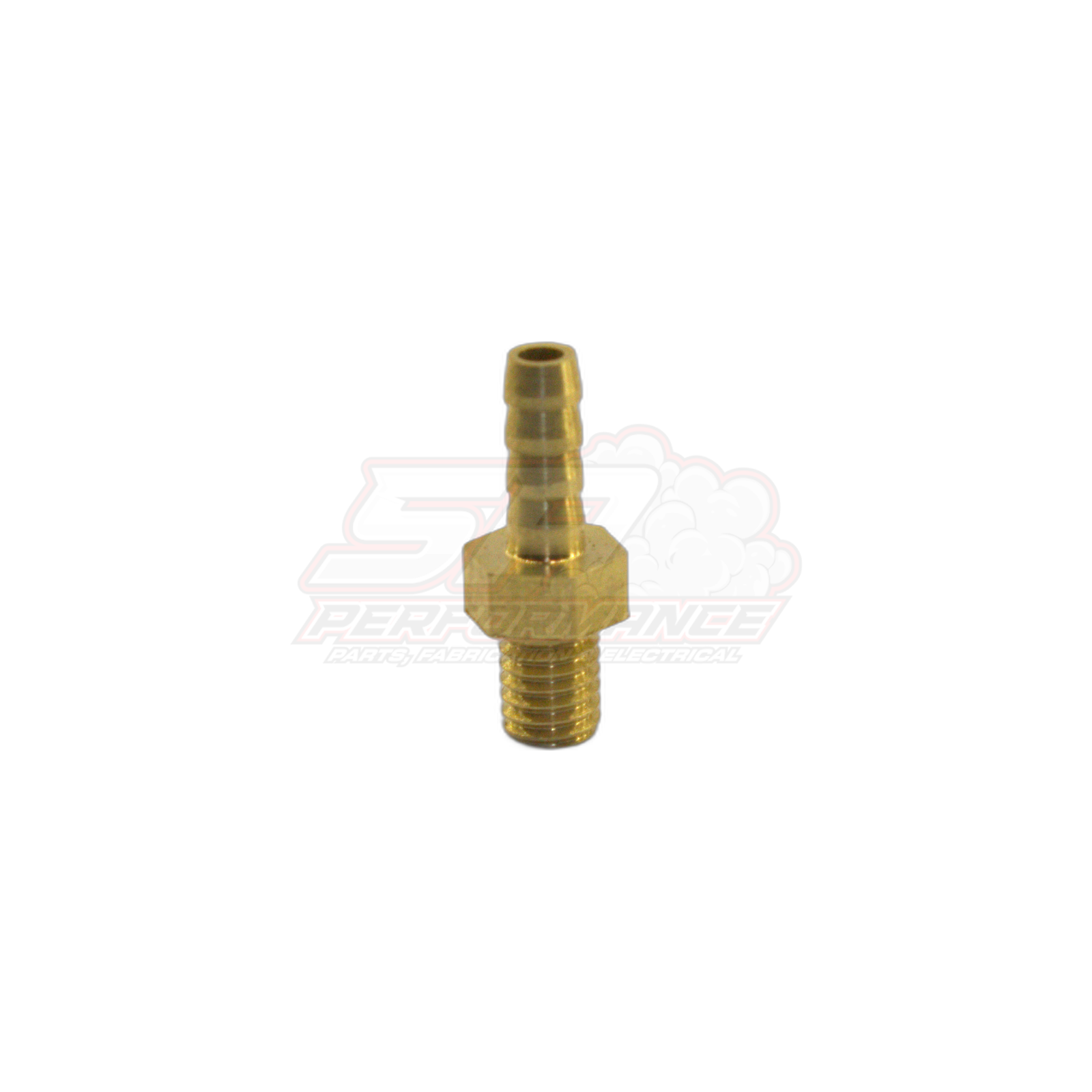 Brass M5 x 0.8 male metric to 3mm barb fitting angled view showing threaded end and triple-ridged barb