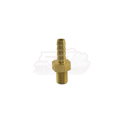 Brass M5 x 0.8 male metric to 3mm barb fitting angled view showing threaded end and triple-ridged barb
