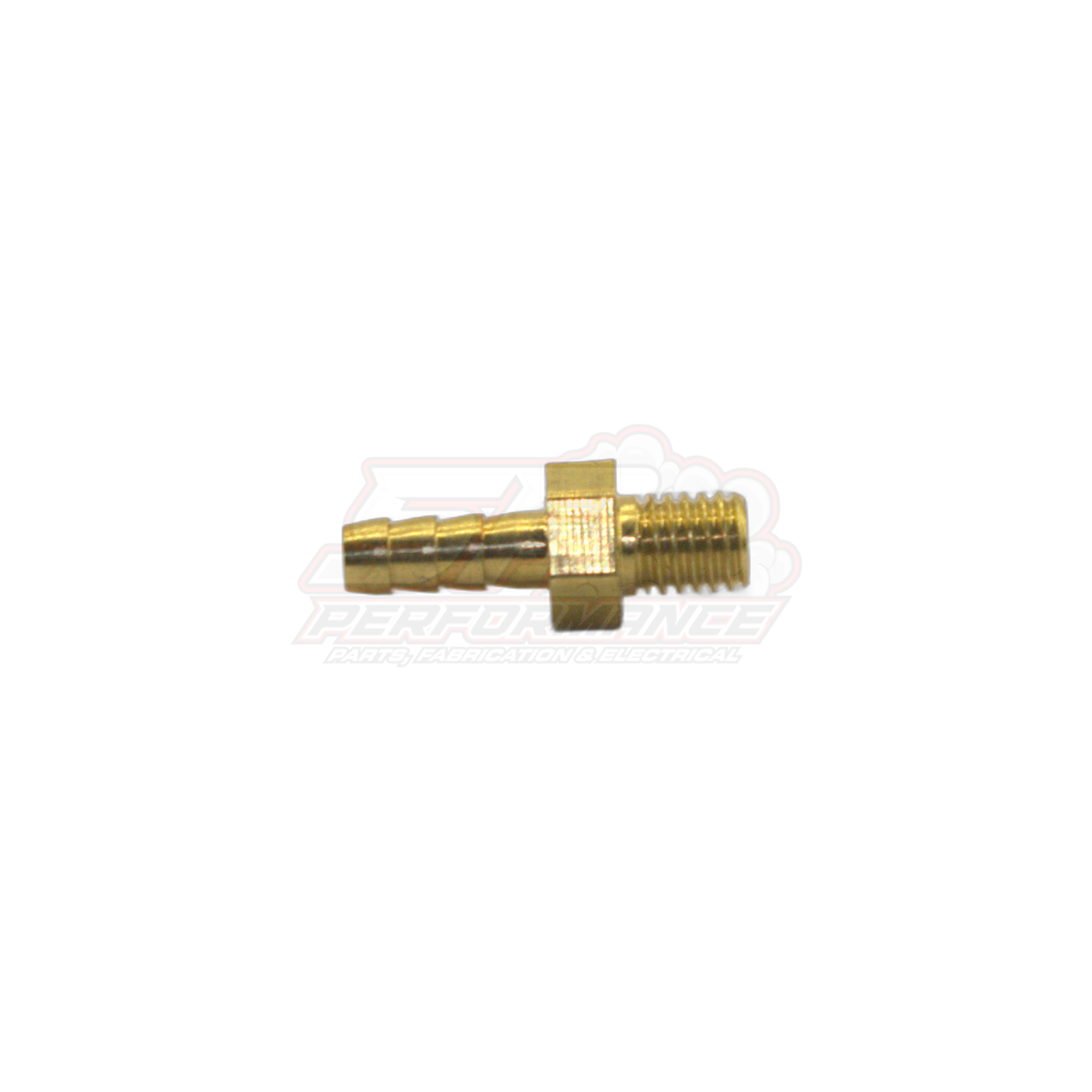 Side profile view of M5 x 0.8 male metric to 3mm barb brass fitting showing threaded end and barbed hose connection