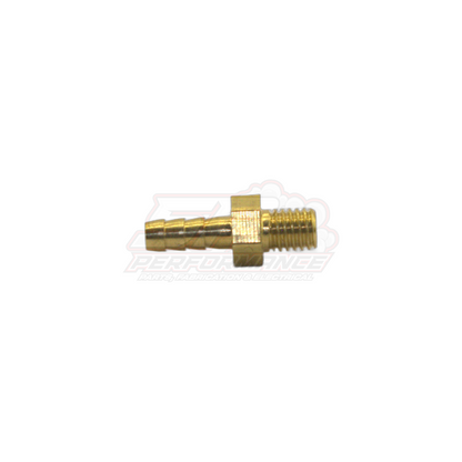 Side profile view of M5 x 0.8 male metric to 3mm barb brass fitting showing threaded end and barbed hose connection