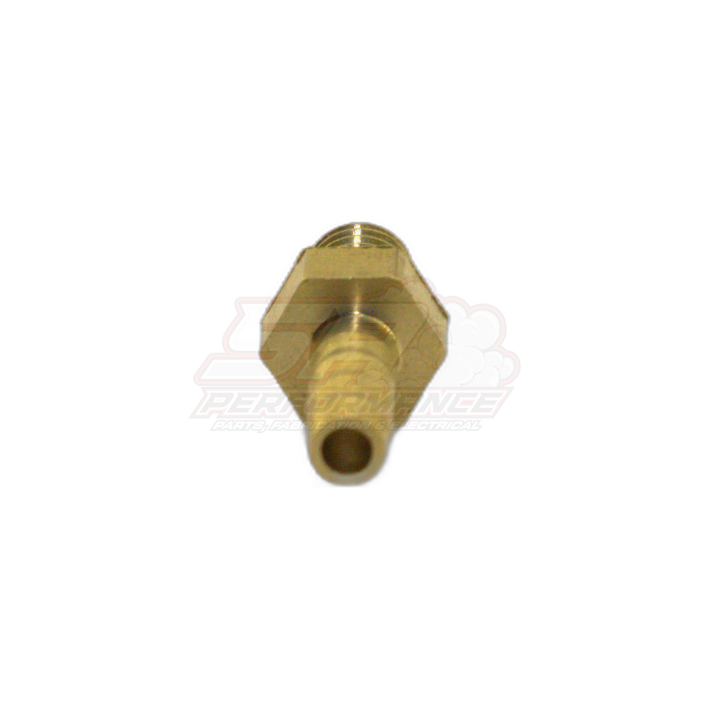 M5 x 0.8 male metric to 3mm barb brass fitting angled view showing hexagonal body and tapered barb outlet
