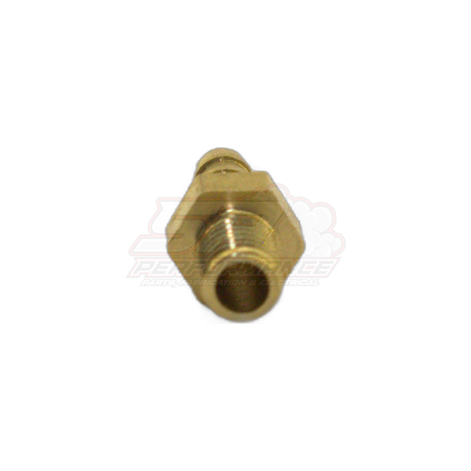 M5 x 0.8 male metric to 3mm barb brass fitting angled view showing threaded end and internal barb bore