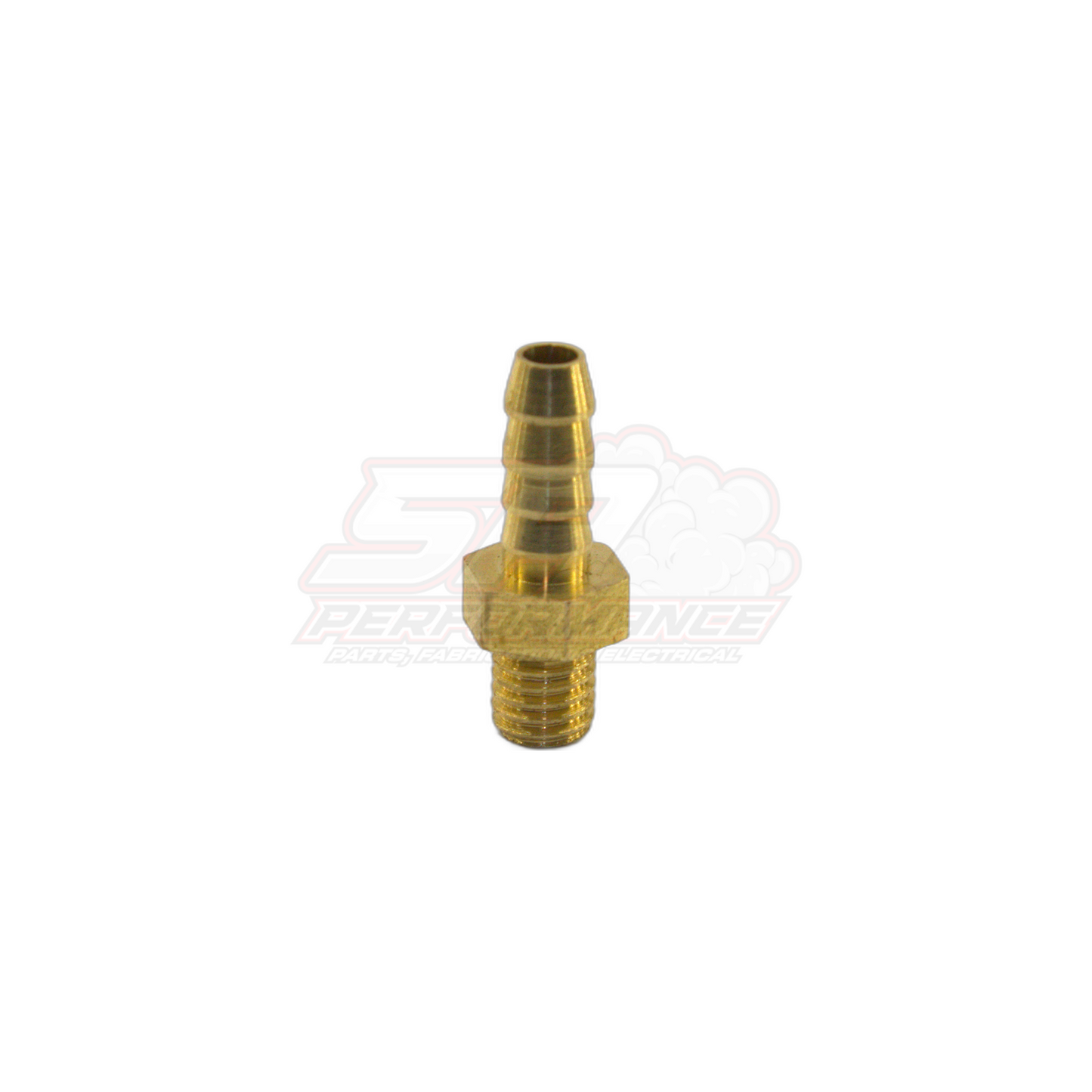 Brass M5 x 0.8 male metric to 4mm barb fitting shown at side angle with threaded end and ribbed barb visible