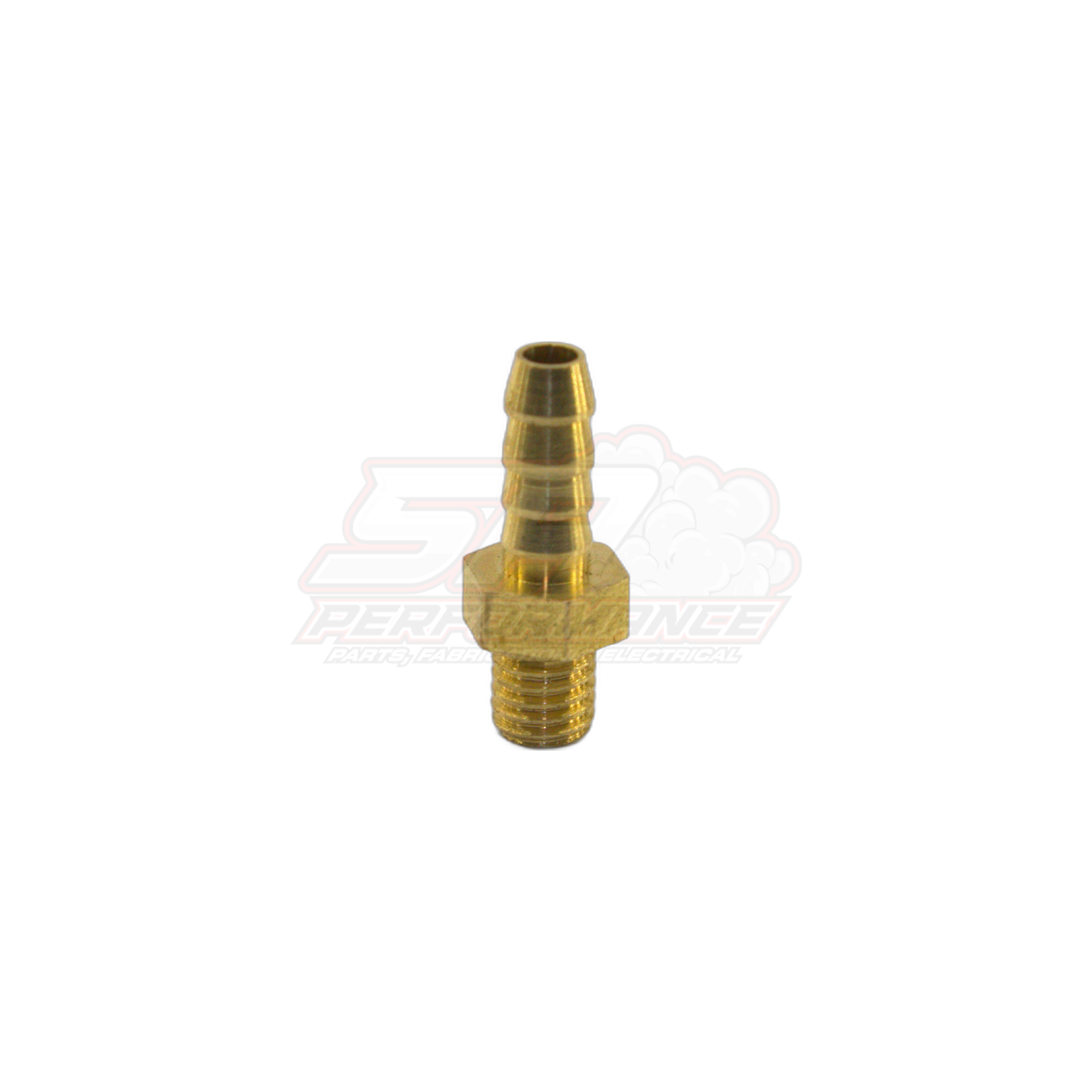 Brass M5 x 0.8 male metric to 4mm barb fitting shown at side angle with threaded end and ribbed barb visible