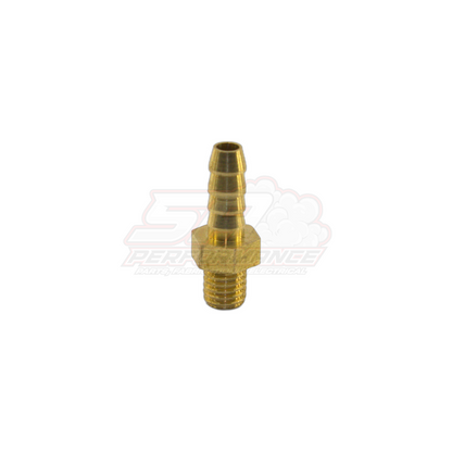 Brass M5 x 0.8 male metric to 4mm barb fitting shown at side angle with threaded end and ribbed barb visible