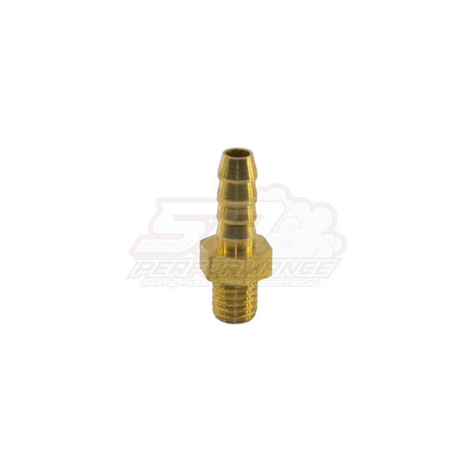 Brass M5 x 0.8 male metric to 4mm barb fitting shown at side angle with threaded end and ribbed barb visible
