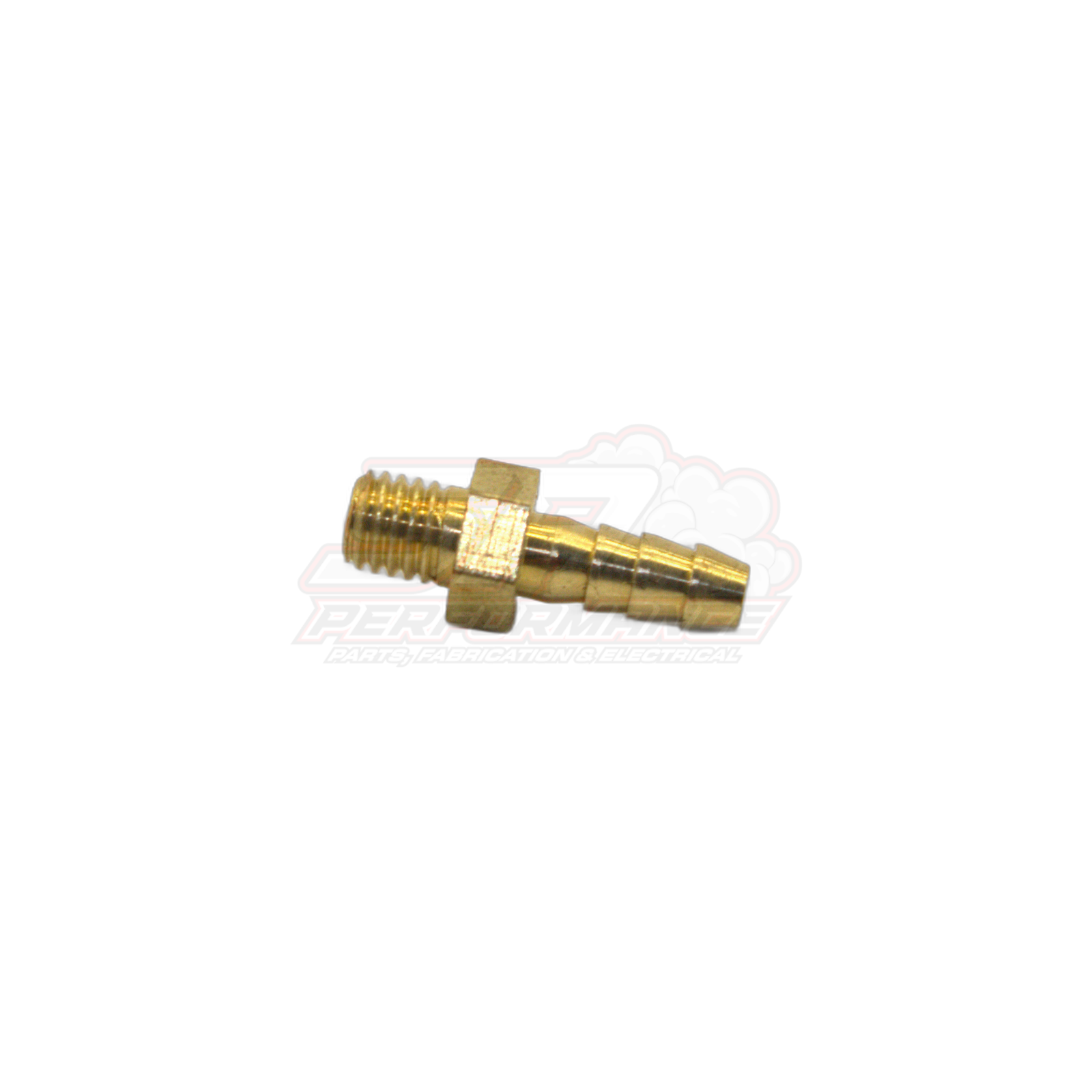 Brass M5 x 0.8 male metric to 4mm barb fitting shown at angle displaying hexagonal body, threaded end and stepped barb tail