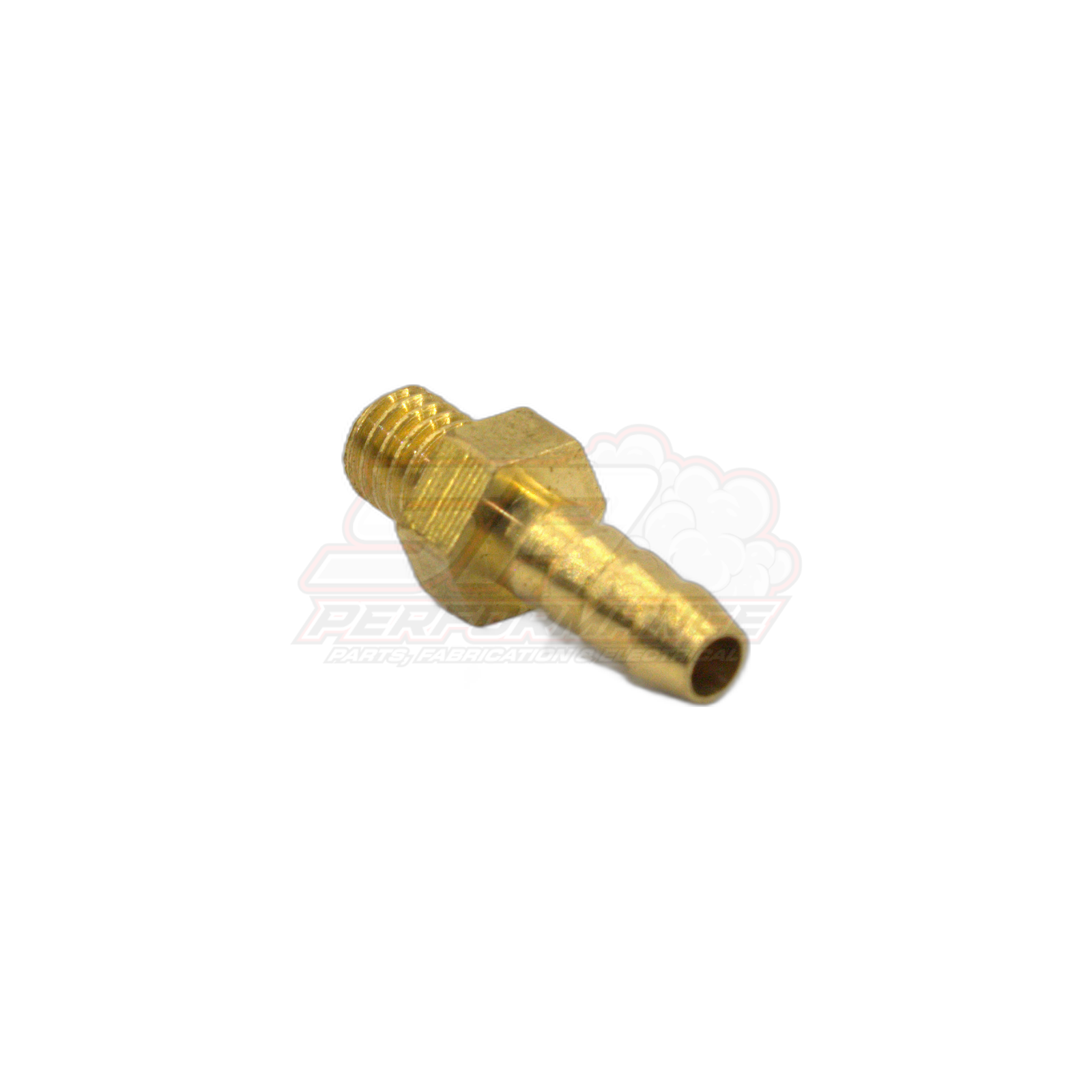 Angled view of M5 x 0.8 male metric to 4mm barb brass fitting showing threaded end and barbed hose tail