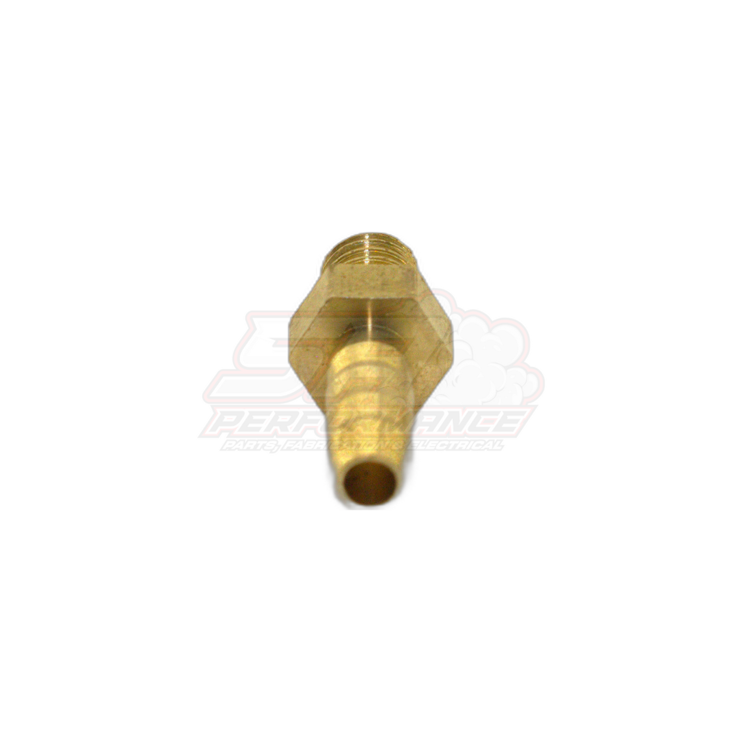 Brass M5 x 0.8 male metric to 4mm barb fitting shown from side angle with threaded end and barbed hose tail visible