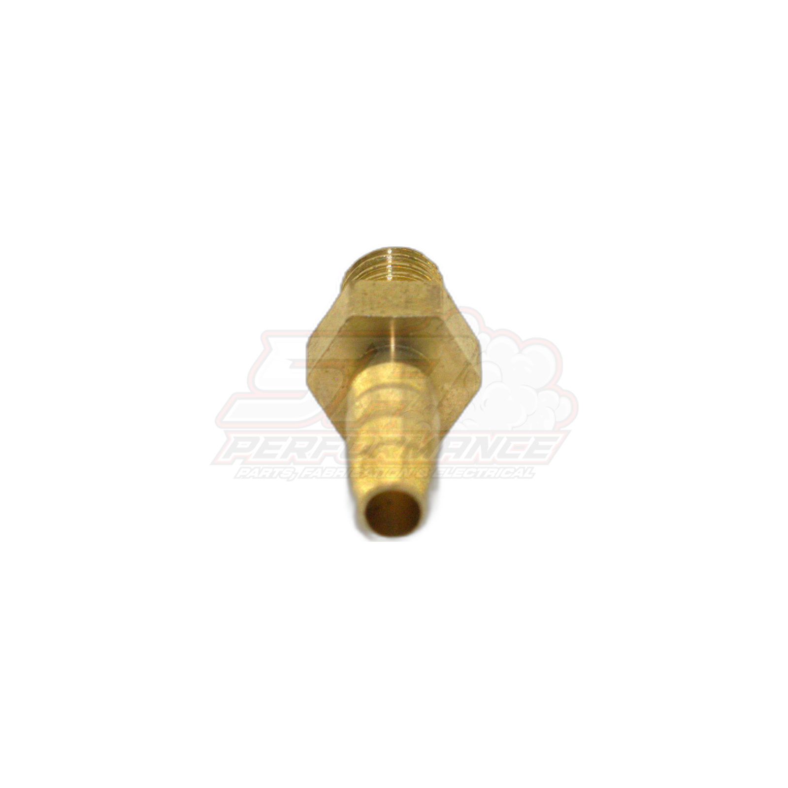 Brass M5 x 0.8 male metric to 4mm barb fitting shown from side angle with threaded end and barbed hose tail visible