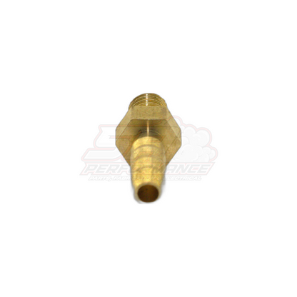 Brass M5 x 0.8 male metric to 4mm barb fitting shown from side angle with threaded end and barbed hose tail visible