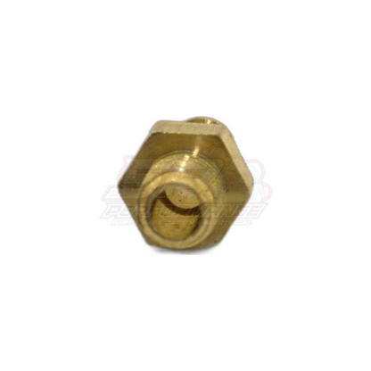 M5x0.8 male metric to 4mm barb brass fitting front angled view showing hexagonal body and internal threaded bore